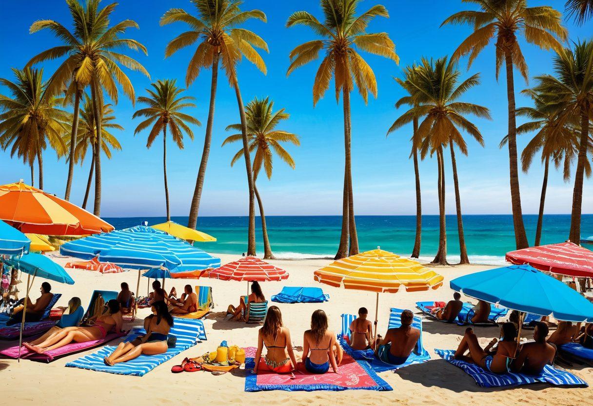 A vibrant beach scene showcasing diverse celebrities in trendy swimwear, uniquely styled with bold patterns and colors, lounging under sun umbrellas. Include a lively ocean backdrop with surfers riding waves, palm trees swaying, and beachgoers enjoying summer activities. Brightly colored beach towels and sunglasses scattered around add to the playful atmosphere. super-realistic. vibrant colors. tropical theme.